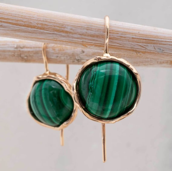 14k Rose Gold Earrings, Malachite Earrings, Handmade Earrings, Malachite Jewelry, Vintage Earrings, Green Earrings, Gemstone Earrings