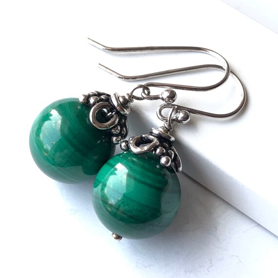 Malachite Earrings Sterling Silver Natural Green Gemstone Dangle Drops  Boho Statement Modern Birthday Holiday Gift For Her Mom Wife 5799