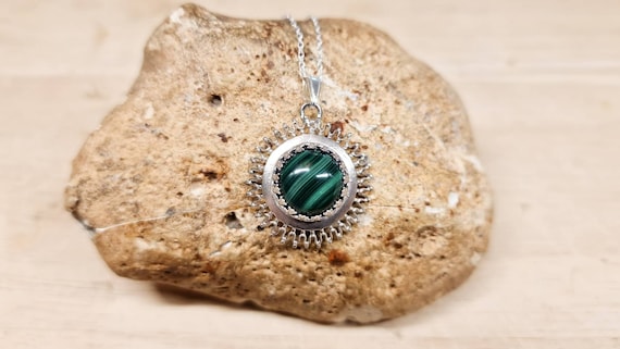 Green Malachite Sun Pendant Necklace. 925 Sterling Silver Necklaces For Women. Crystal Reiki Jewelry Uk. 12mm Green Semi Precious Stone.