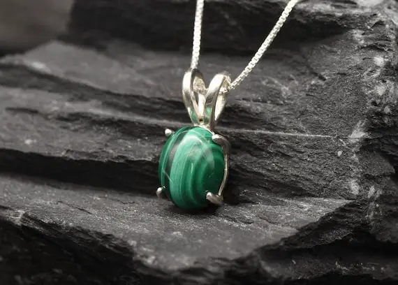 Malachite Pendant, Natural Malachite Necklace, Oval Malachite Pendant, Green Gemstone Necklace, For Her,  Adina Stone, 925 Sterling Silver