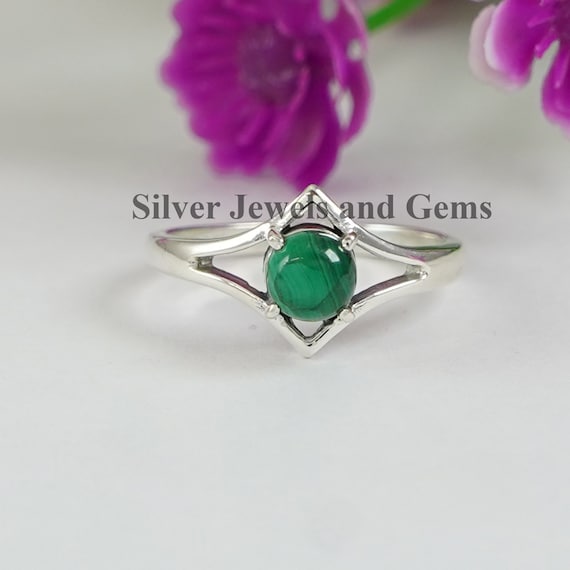 Malachite Ring, 925 Sterling Silver, Round Malachite Ring, Gift For Her, Green Gemstone Ring, Handmade Ring, Taurus Birthstone, Dainty Ring
