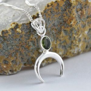 Moldavite Necklace, Sterling Silver Moldavite Moon Pendant, Genuine Moldavite Necklace, Czech Republic Moldavite | Natural genuine Moldavite necklaces. Buy crystal jewelry, handmade handcrafted artisan jewelry for women.  Unique handmade gift ideas. #jewelry #beadednecklaces #beadedjewelry #gift #shopping #handmadejewelry #fashion #style #product #necklaces #affiliate #ad
