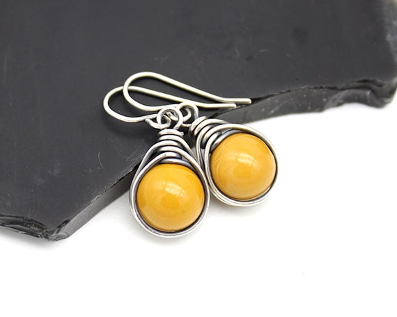 Mookaite And Solid Sterling Silver Wire Wrapped Earrings. Sunny Summer Sterling Silver Earrings. Golden Yellow Earrings. Best Friend Gift