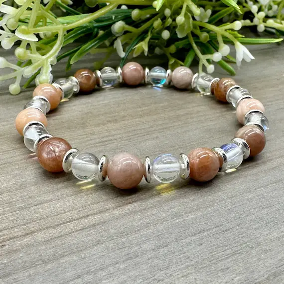 Goddess Energy Bracelet | Genuine Peach Moonstone And Mystic Aura Quartz Crystal Gemstone Bead Stretch Bracelet