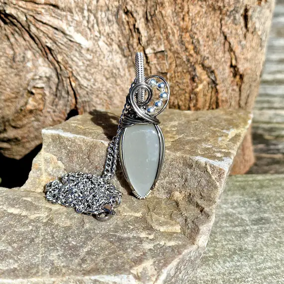 P0744 - Hypoallergenic Grey Moonstone Pendant • Niobium • Titanium • Sterling Silver • Stainless Steel • Wire Wrapped • Hand Made • P0744