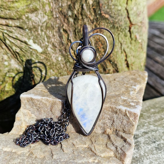 Vintage Black Copper Moonstone Pendant • Wire Wrapped • Hand Made • Gift For Her • Teardrop Moonstone • P0664