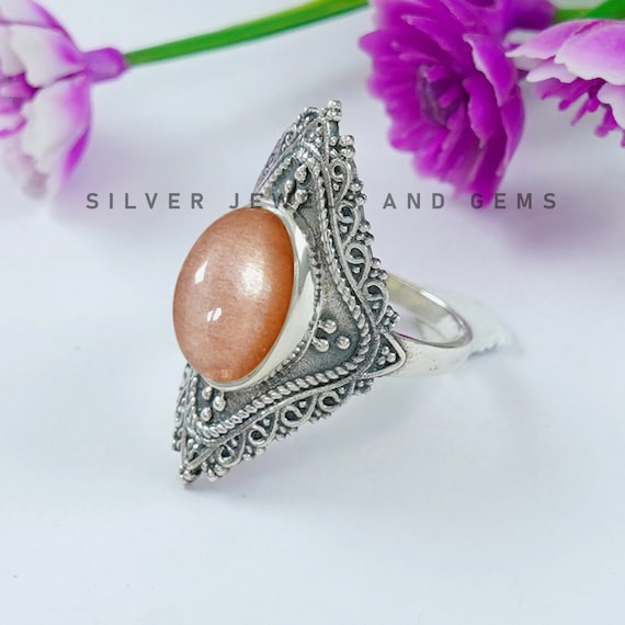 Peach Moonstone Ring: Handmade 925 Sterling Silver, Oval Gemstone