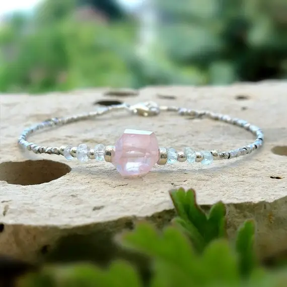 Morganite And Karen Hill Silver Beads Bracelet Pink Aquamarine Bracelet Healing Crystals Raw Gemstone Jewelry March Birthstone Gifts For Her