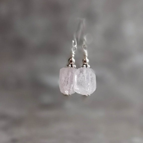 Morganite Raw Faceted Crystal Earrings Sterling Silver Earrings Natural Beryl Pink Aquamarine Earrings March Birthstone Gifts For Her