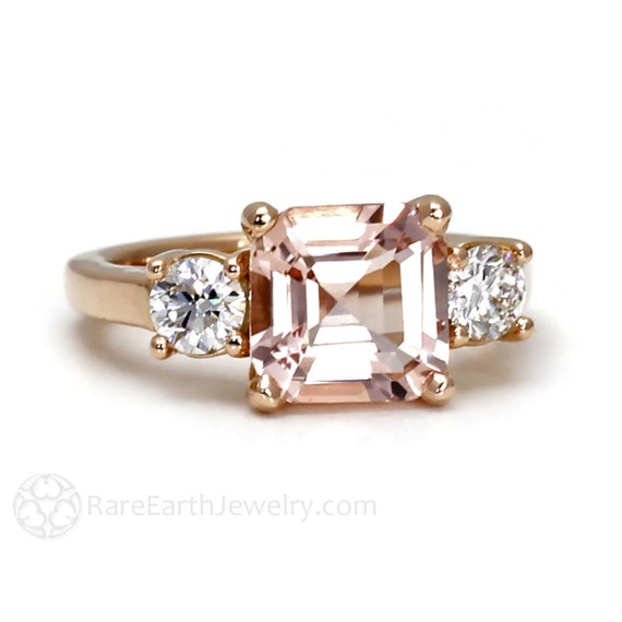 Asscher Morganite Engagement Ring 18k Morganite Ring 3 Stone Asher  Diamond Custom Wedding Ring