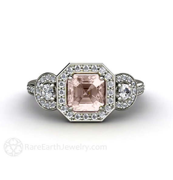 Asscher Morganite Engagement Ring, Three Stone Diamond Halo Ring, Assher Morganite Ring, 3 Stone Engagement Ring, Pink Stone Gold Platinum
