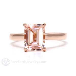 Shop Morganite Jewelry! Morganite Emerald Cut Ring Rose Gold Morganite Solitaire Engagement Ring Peach Light Pink Natural Gemstone Ring 14K 18K Gold or Platinum | Natural genuine Morganite jewelry. Buy handcrafted artisan wedding jewelry.  Unique handmade bridal jewelry gift ideas. #jewelry #beadedjewelry #gift #crystaljewelry #shopping #handmadejewelry #wedding #bridal #jewelry #affiliate #ad