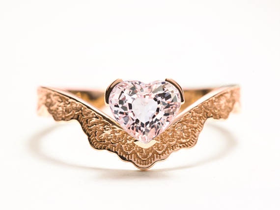 Heart Shaped Morganite Engagement Ring, Unique Rose Gold Ring, Scalloped Gold Ring, 14k Gold Morganite Ring, Pink Morganite Engagement Ring