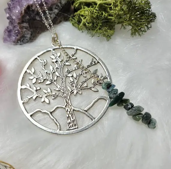 Moss Agate And Tree Of Life Necklace -  Earth Element