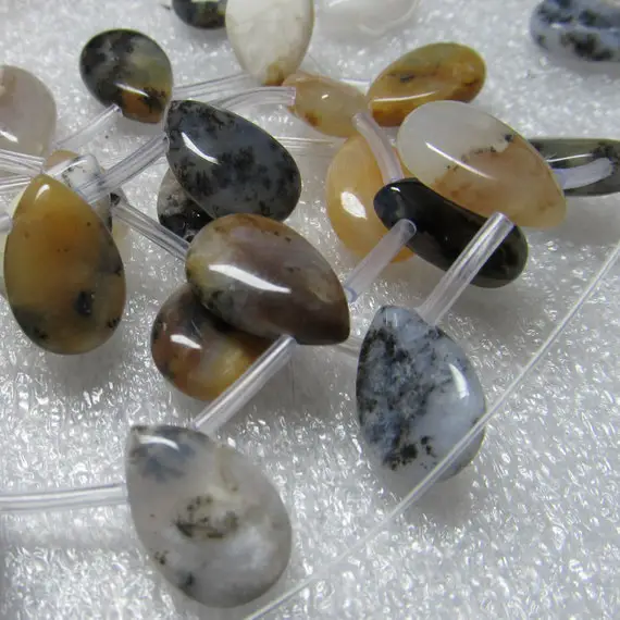 Agate Beads 15 X 10mm Natural Smooth Dendritic Moss Agate Smooth Teardrops - 10 Pieces