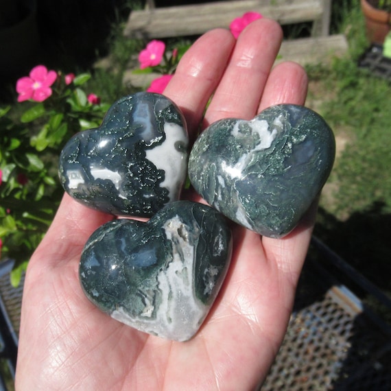 Moss Agate Heart,  Natural Green Moss Agate, Choose One Heart Shaped Palm Stone