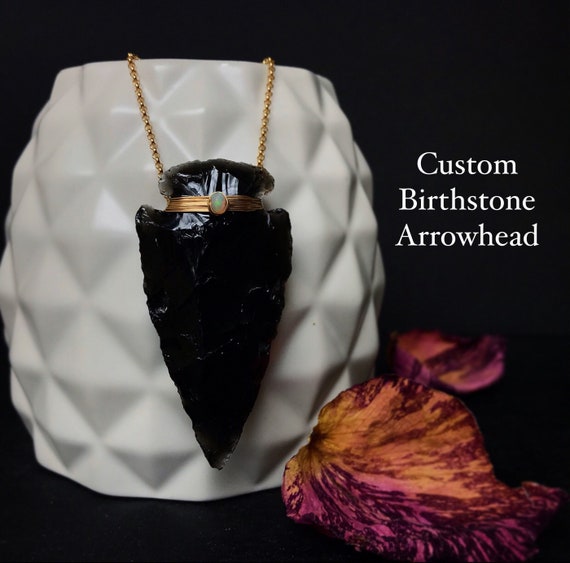 Custom Birthstone Obsidian Arrowhead Necklace | Bohemian Jewelry | Raw Gemstone Jewelry | Gold Sterling Silver Rose Gold Arrowhead Necklace