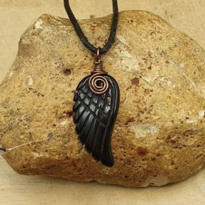 Mens Obsidian angel wing necklace. Black Reiki jewelry uk.  Virgo jewelry. Unisex angel wing Wire wrapped pendant. 30x15mm stone | Natural genuine Array jewelry. Buy handcrafted artisan men's jewelry, gifts for men.  Unique handmade mens fashion accessories. #jewelry #beadedjewelry #beadedjewelry #shopping #gift #handmadejewelry #jewelry #affiliate #ad