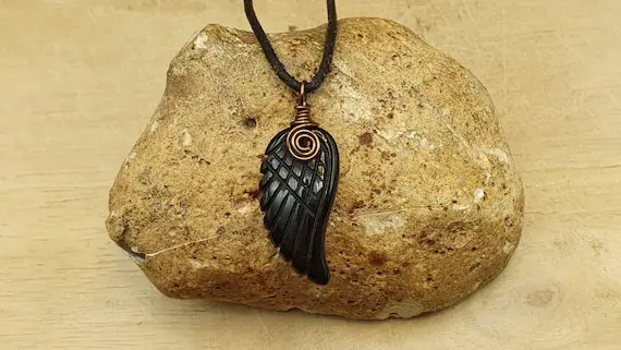 Mens Obsidian Angel Wing Necklace. Black Reiki Jewelry Uk.  Virgo Jewelry. Unisex Angel Wing Wire Wrapped Pendant. 30x15mm Stone
