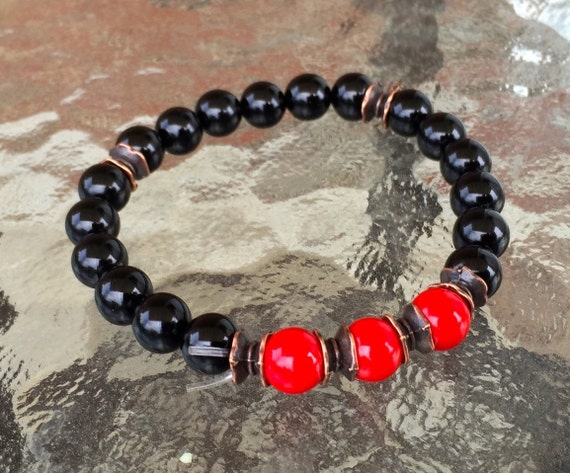 8 Mm Black Onyx Red Coral Wrist Mala Beads Healing Bracelet - Blessed Karma Nirvana Meditation Prayer Beads For Awakening Chakra Kundalini