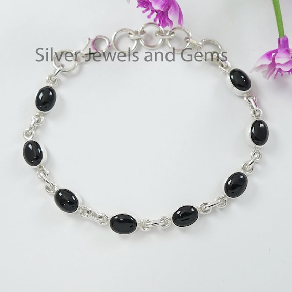 Natural Black Onyx Bracelet, Oval Onyx Bracelet, Handmade Bracelet For Women, 925 Sterling Silver Bracelet, Wedding Bracelet, Black Gemstone