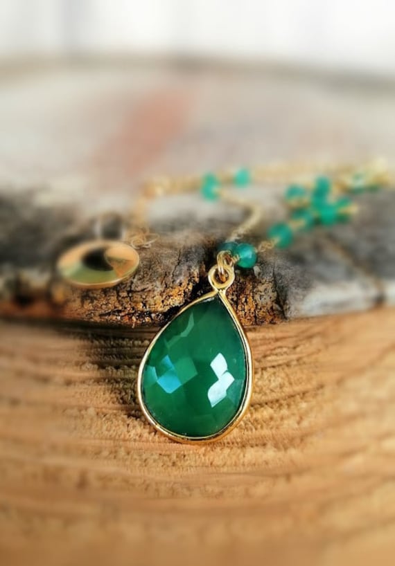 Green Onyx Rosary Necklace, Aaa Quality Faceted Onyx Teardrop Pendant Gold Necklace Gifts For Her