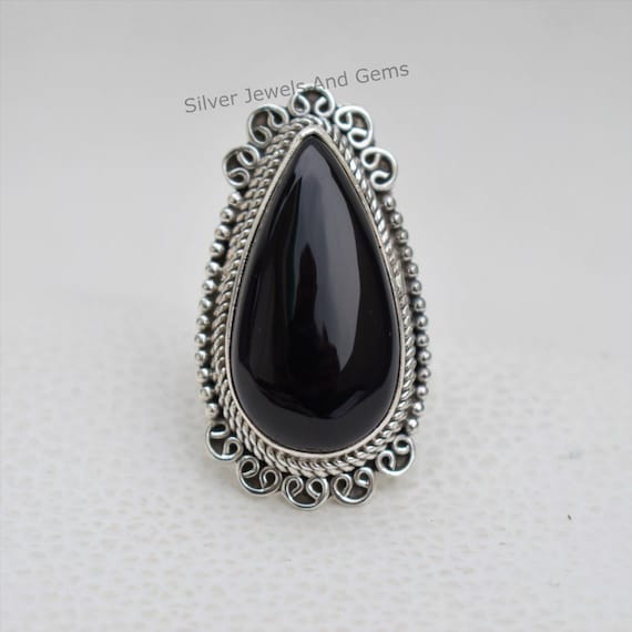 Black Onyx Ring, Boho Ring, Handmade Ring, 925 Sterling Silver Ring, Teardrop Onyx Ring, Gift For Her, December Birthstone, Gemstone Ring