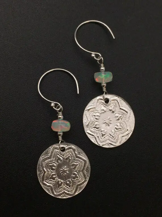 Silver Mandala And Ethiopian Opal Earrings
