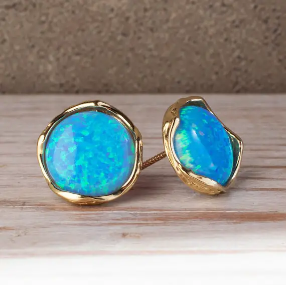 Yellow Gold 14k Blue Opal Stud Earrings, October Birthstone, Opal Earrings, Solid Gold Jewelry, Gift For Women, Vintage Dainty Earrings