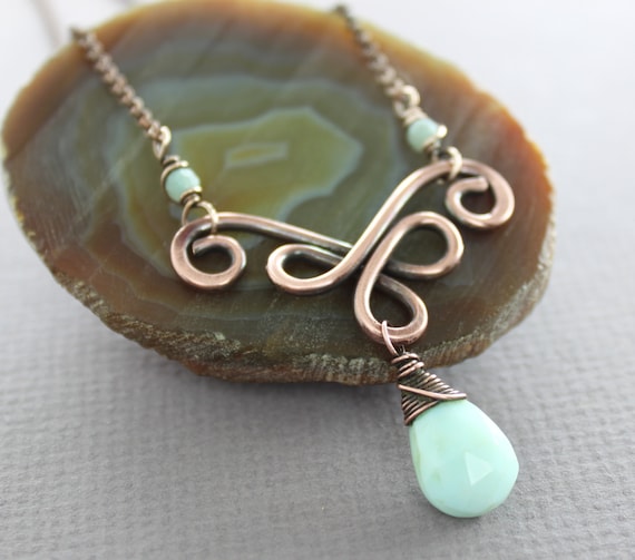 Celtic Knot Copper Necklace With Peruvian Opal Stone, Dainty Necklace, Rustic, Gemstone Necklace, Celtic Necklace, Opal Necklace - Nk125