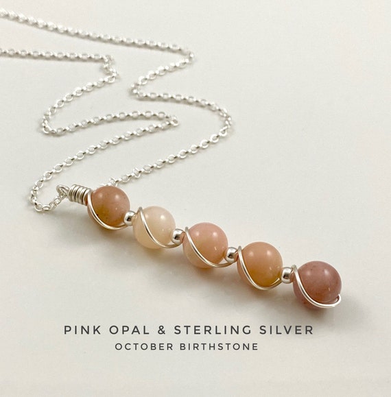 Pink Opal, Gemstone Necklace, Sterling Silver, October Birthstone