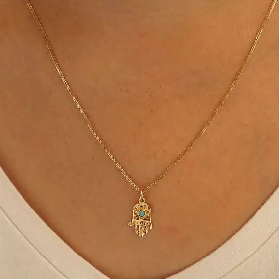 Blue Opal Necklace, Dainty Opal Necklace, 14k Gold Necklace Pendant, October Birthstone Necklace, Gold Hamsa Necklace, Hamsa Pendant