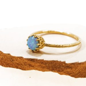 Shop Opal Rings! 14K Yellow Gold Blue Opal Ring – Circle Ring – Crown Ring – Birthstone Ring – 14K Yellow Gold Ring – Natural Round Blue Opal – Gift For Mom | Natural genuine Opal rings, simple unique handcrafted gemstone rings. #rings #jewelry #shopping #gift #handmade #fashion #style #affiliate #ad