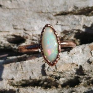 Shop Opal Rings! Natural Ethiopian Welo Fire Opal Ring/ Real Fire Opal Ring/ Boho Copper Opal Ring/ Rainbow Crystal/ Marquise Shape Multicolor Stone Ring | Natural genuine Opal rings, simple unique handcrafted gemstone rings. #rings #jewelry #shopping #gift #handmade #fashion #style #affiliate #ad