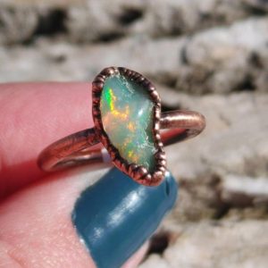 Shop Opal Rings! Raw Ethiopian Fire Opal Ring/ Irregular Opal Copper Ring/ Real Fiery Flashy Opal Jewelry/ Copper Electroformed/ Rainbow Multi Color Crystal | Natural genuine Opal rings, simple unique handcrafted gemstone rings. #rings #jewelry #shopping #gift #handmade #fashion #style #affiliate #ad
