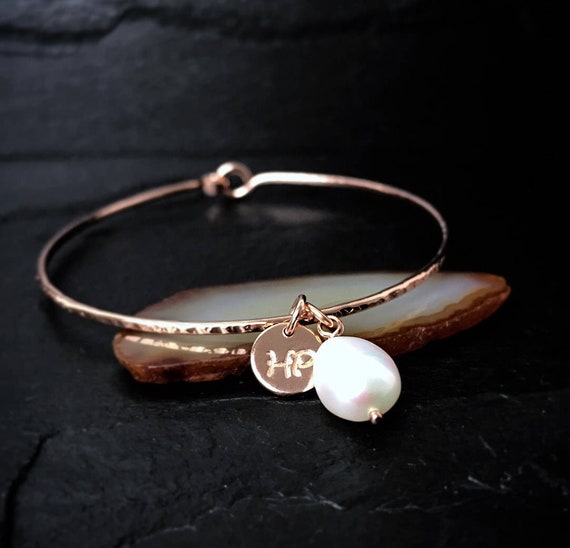Freshwater Pearl Charmed Bangle | Personalized June Birthstone Gift For Mom, Wife, Sister | White Pearl Bangle | 14k Gold Filled Or Ss Pearl