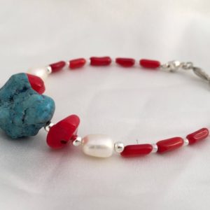 Shop Pearl Bracelets! Freshwater pearl, "turquoise" & red coral nautical bracelet. Summery, beachy, 4th of July/Independence Day jewelry. Red, white, blue | Natural genuine Pearl bracelets. Buy crystal jewelry, handmade handcrafted artisan jewelry for women.  Unique handmade gift ideas. #jewelry #beadedbracelets #beadedjewelry #gift #shopping #handmadejewelry #fashion #style #product #bracelets #affiliate #ad