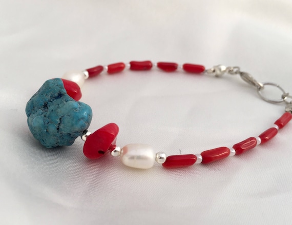 Freshwater Pearl, "turquoise" & Red Coral Nautical Bracelet. Summery, Beachy, 4th Of July/independence Day Jewelry. Red, White, Blue