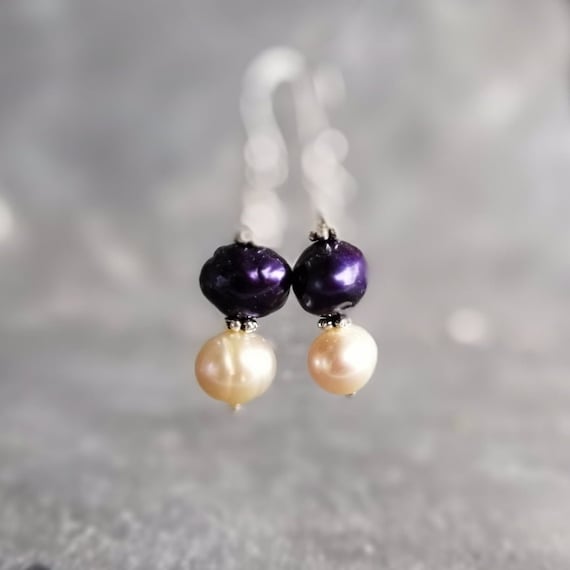 Deep Purple And Peach Pearl Earrings, Silver Earrings, Organic Jewelry, May Birthstone, Gifts For Her