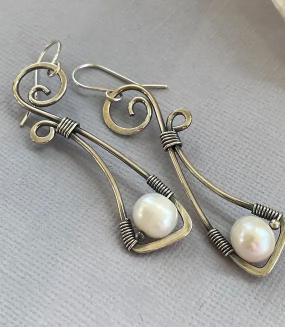 Oxidized Silver Wire Earrings With Pearl/white Pearl Earrings/ Long Silver Earrings With Pearl/ Pearl Wire Earrings/ Christmas Gift/
