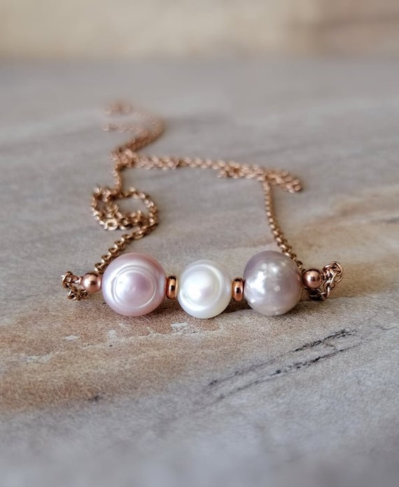 Fertility Necklace Pearl Trio Necklace White Pink Violet Freshwater Pearls Rose Gold Bridal Jewelry May Birthstone