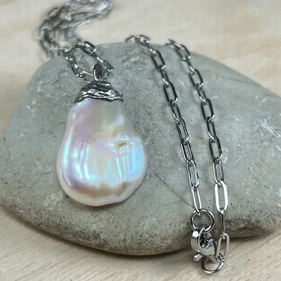 Large Baroque Pearl Stainless Steel Chain -  Necklace, Pendant, Palladium Plated, Pearl Necklace, Organic, Quality And Precious.