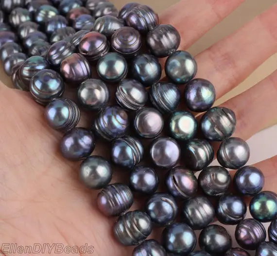 11-12mm Good Luster Genuine Freshwater Pearls, Peacock Black Round  Pearls, Loose Pearl Strand, Diy Jewelry Pearls Beads-33 Pieces-15 Inches