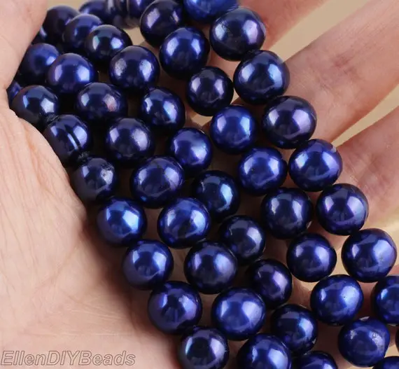 10-11mm High Lustre Navy Blue Round Pearls Beads, Round Pearl Strand, Genuine Freshwater Pearls, Whole Strand--42pcs--15.5 Inches--bhy006-7