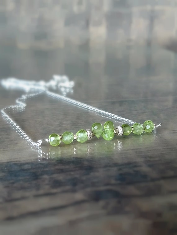 Peridot Necklace, Green Olivine Bar Necklace, Sterling Silver Necklace, Choker, Minimalist,one Of Kind August Birthstone,unique Gift For Her