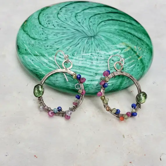 Colorful Silver Hoops With Peridot, Wire Wrapped Gemstone Beads, Silver Ear Wires, Oxidized Jewelry