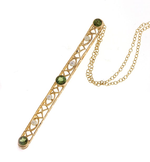 Vintage Peridot Filigree Pendant, Art Deco Conversion Necklace, Yellow Gold Peridot Bar Pin Necklace