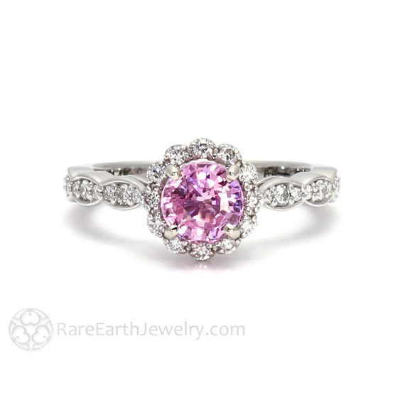 Pink Sapphire Engagement Ring Pink Sapphire Diamond Halo Ring Vintage Style Scalloped Band Unique Engagement Pink Stone Ring