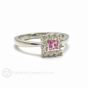 Shop Pink Sapphire Rings! Pink Sapphire Engagement Ring Pink Sapphire Ring Princess Cut Square Diamond Halo Pink Stone Ring 14k 18k Gold Or Platinum Unique Engagement | Natural genuine Pink Sapphire rings, simple unique alternative gemstone engagement rings. #rings #jewelry #bridal #wedding #jewelryaccessories #engagementrings #weddingideas #affiliate #ad