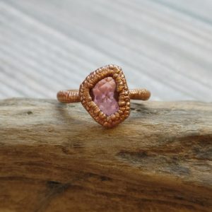 Shop Pink Tourmaline Rings! Natural Pink Tourmaline Ring/ Pink Rubellite/ Faceted Tourmaline Copper Ring/ Textured Copper Band/ Transparent Pink Stone Ring/ Size 8.25 | Natural genuine Pink Tourmaline rings, simple unique handcrafted gemstone rings. #rings #jewelry #shopping #gift #handmade #fashion #style #affiliate #ad